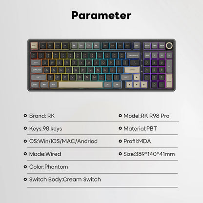 RK ROYAL KLUDGE R98Pro Gasket Wired Mechanical Keyboard 98 Keys RGB Hot-swappable Pluggable Button Gamer Keyboard PBT Keycaps