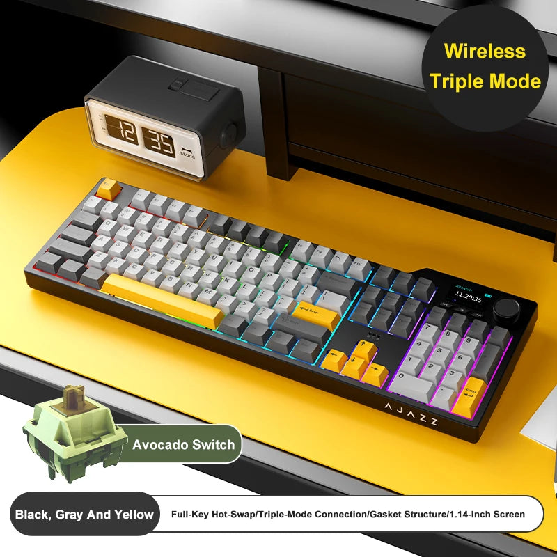 Novo teclado gaming AJAZZ AK35I V3 MAX tri-mode com fios, Bluetooth e sem fios, Gasket, hot swap completo, 104 teclas, teclado personalizado