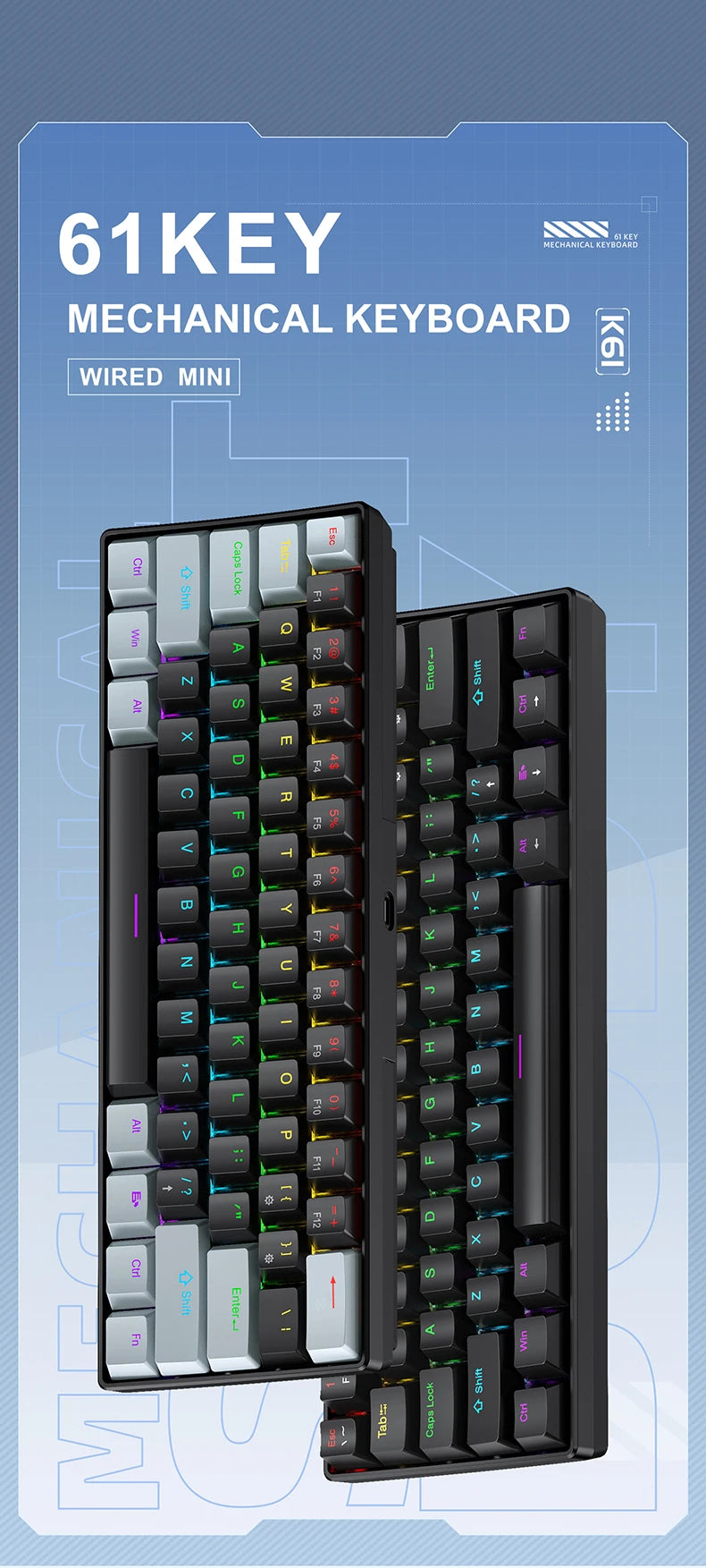 Teclado mecânico mini APAYADO K61, com fio, 61 teclas, Phantom RGB, interruptor mecânico vermelho/azul preto/branco para gaming, 60% portátil