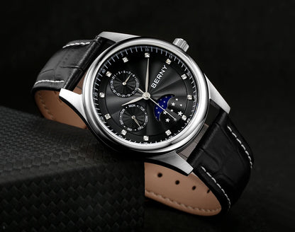 BERNY Men's Watch Date Weeks Moon Phase Quartz Watches for Men Stainless Steel Leather Strap Business Wristwatch Male Clock