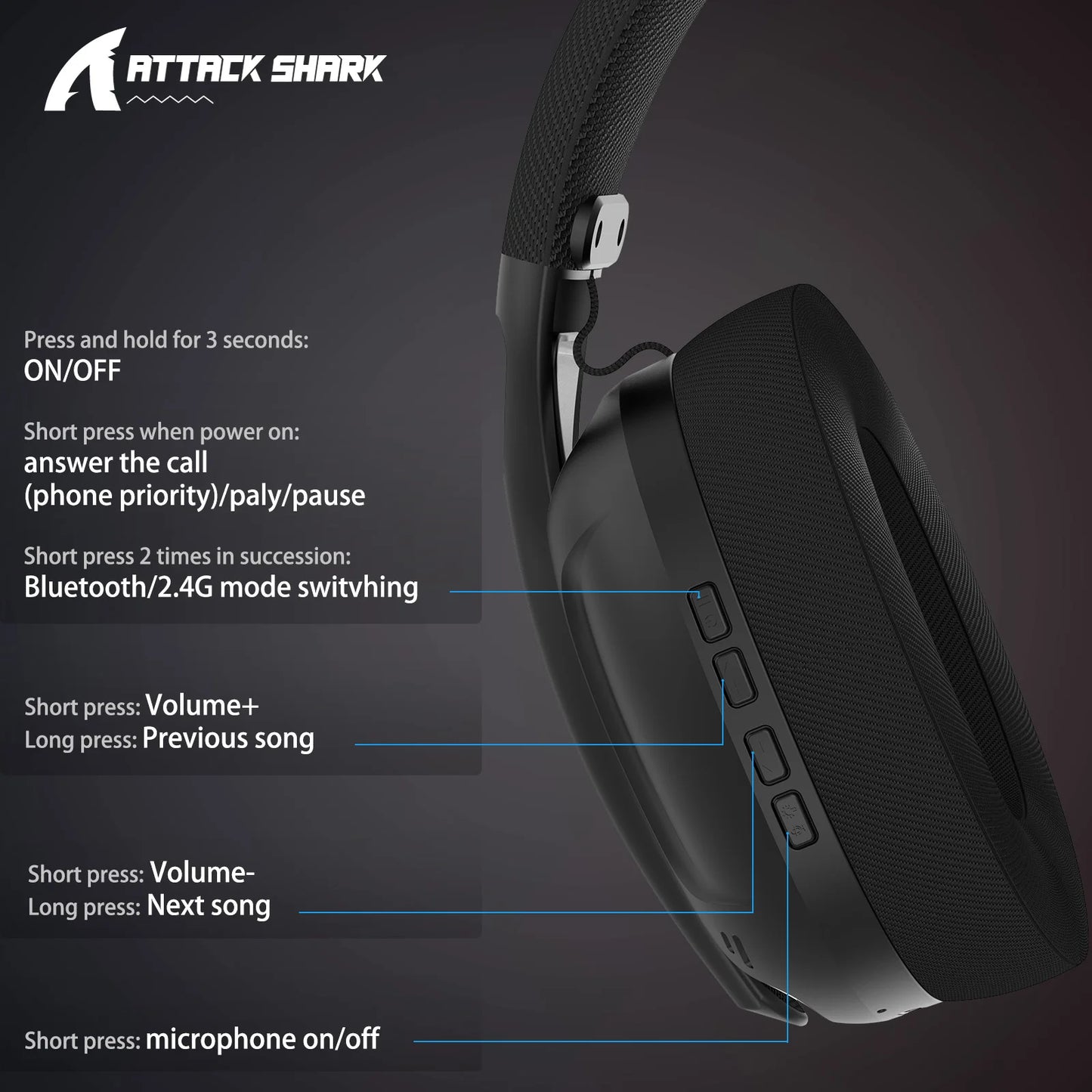ATTACK SHARK L80 ultraleichtes 180g Gaming-Headset – kabellos im Tri-Mode (Bluetooth 5.3 / 2.4G / kabelgebunden), 5.1 Surround Sound, 40mm-Treiber, absteckbares Mikrofon