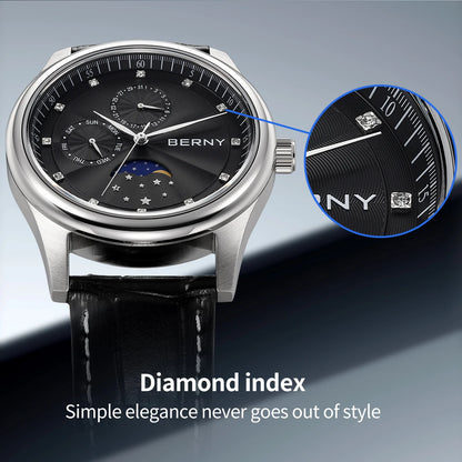 BERNY Men's Watch Date Weeks Moon Phase Quartz Watches for Men Stainless Steel Leather Strap Business Wristwatch Male Clock
