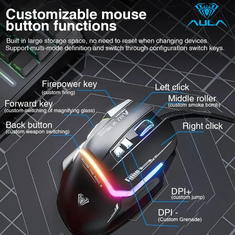 AULA S12Pro Wired Mechanical Mouse 1000HZ 12800DPI RGB Low Latency Macro Defines Esports Gaming Mouse PC Gamer Accessories