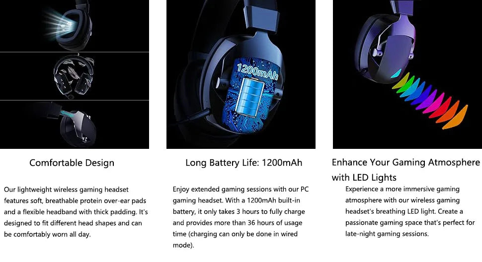 Gaming Headset with Detachable Noise-Cancelling Microphone – 3-Mode Wireless Bluetooth 5.3, 2.4G USB & 3.5mm Wired Gaming Headset with 50mm Drivers