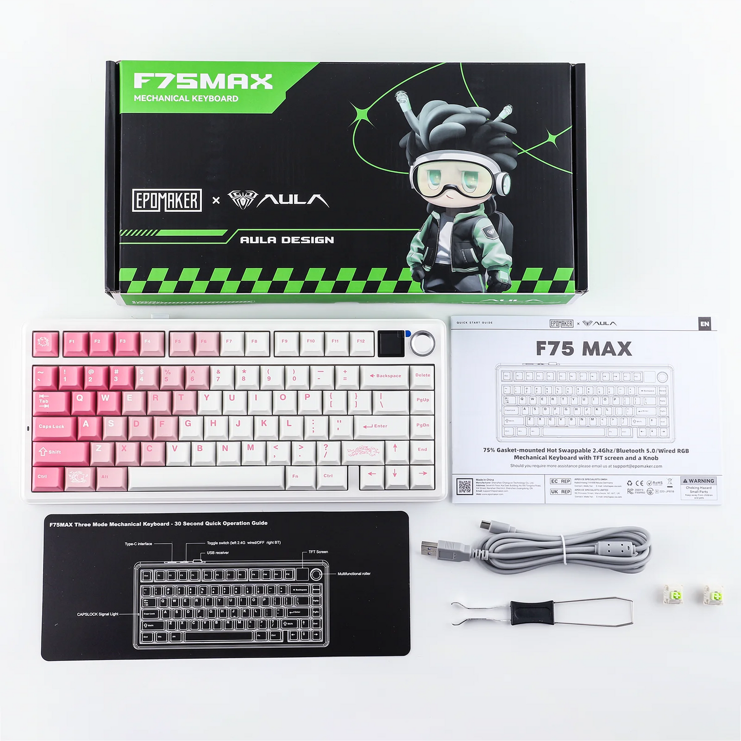 Teclado mecânico sem fios EPOMAKER X AULA F75 MAX Compact 75% ANSI Layout com ligação com fios/Bluetooth/2.4GHz, ecrã TFT e botão rotativo