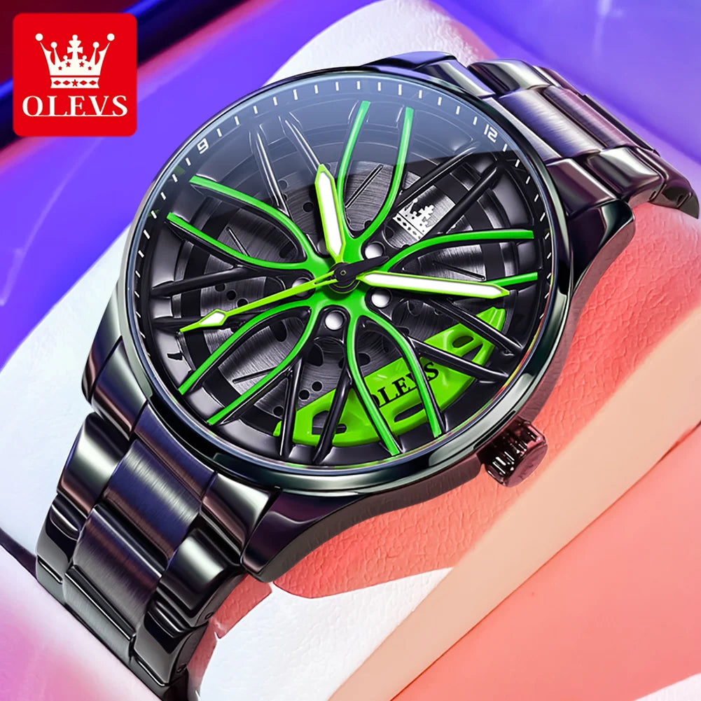 OLEVS 9937 Mens Watch Original Rotatable Wheel Hub Dial Fashion Trend Quartz Watch Waterproof Luminous Stainless Steel Reloj