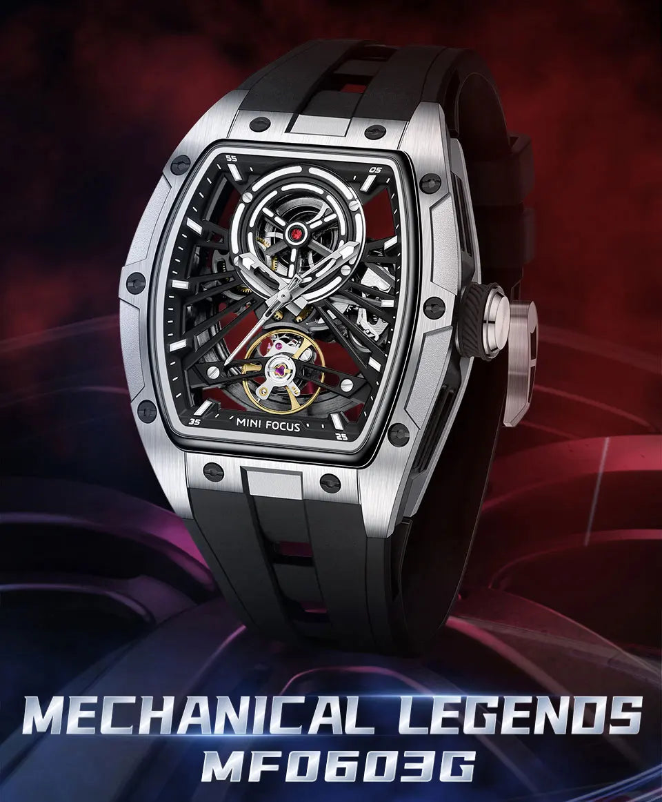 MINI FOCUS Herren-Armbanduhr, modisch, schwarz, wasserdicht, automatische mechanische Uhr mit Leuchtzeigern, Silikonarmband und Tonneau-Zifferblatt