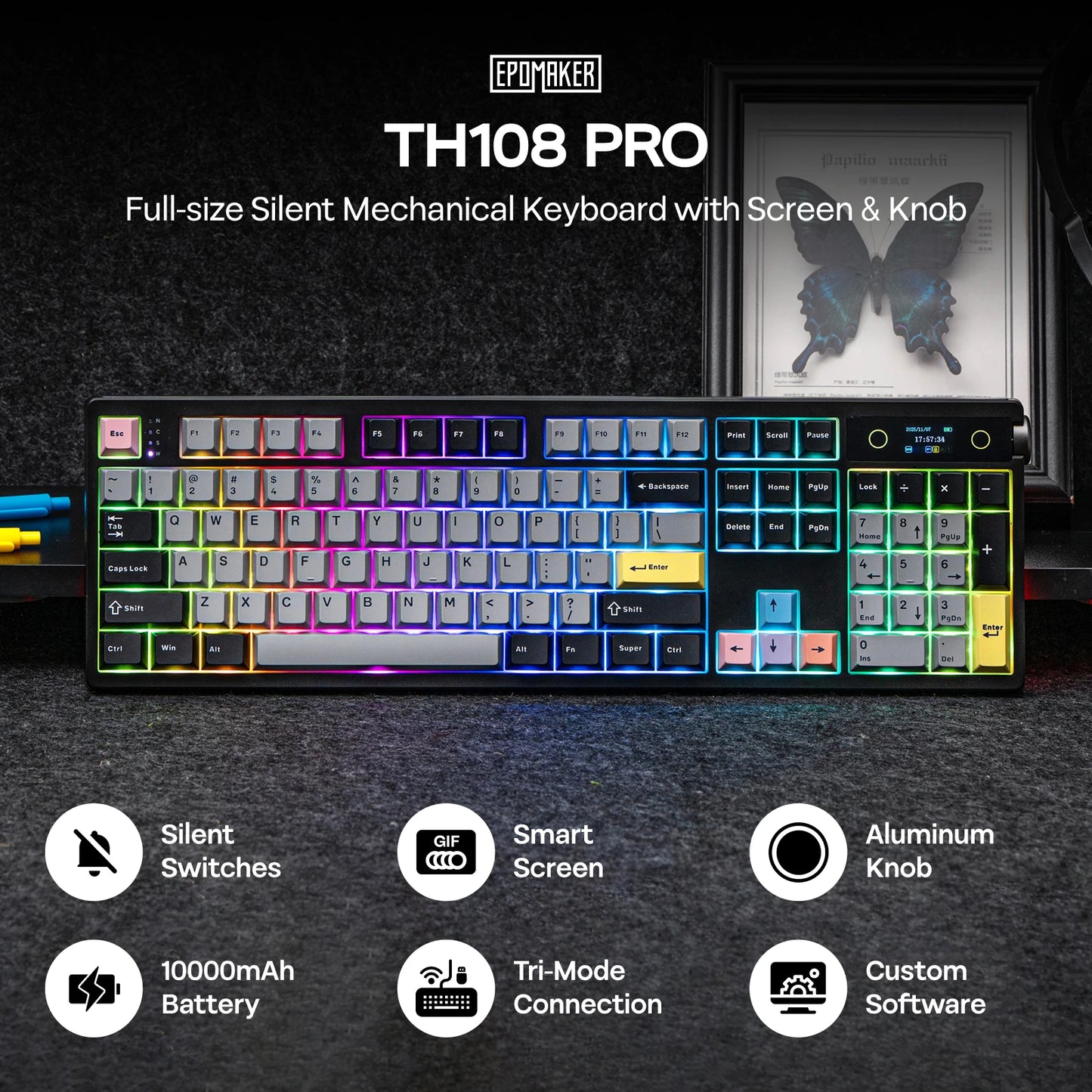 Teclado Mecânico EPOMAKER TH108 PRO 100% Full-Size Hot-Swap com Fio/BT/2.4Ghz sem Fios, Ecrã, Botão Rotativo e Bateria de 10000mAh