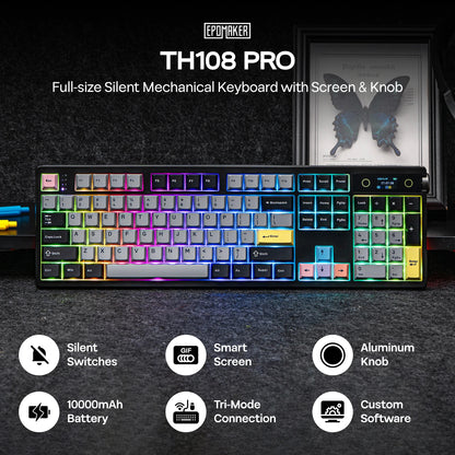 Teclado Mecânico EPOMAKER TH108 PRO 100% Full-Size Hot-Swap com Fio/BT/2.4Ghz sem Fios, Ecrã, Botão Rotativo e Bateria de 10000mAh