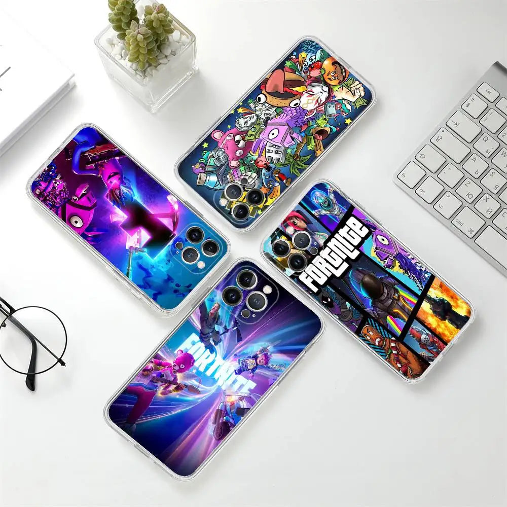Capa de Telemóvel em TPU Macio Transparente Estilo Cartoon B-Battle-R-Royales-F-FortniteS para iPhone 17 16 15 14 13 12 11 Pro Max Plus