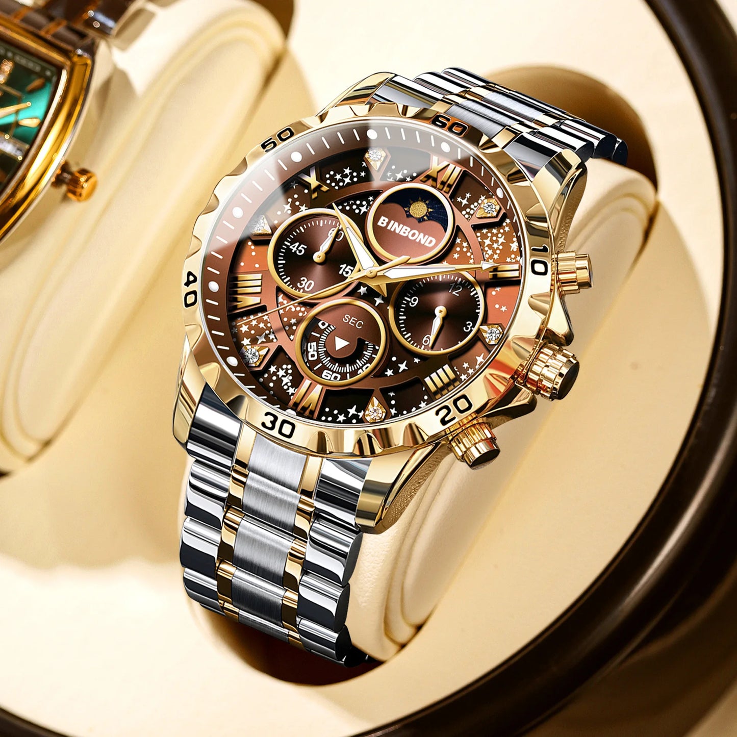 2026 Herrenuhr – leichter Luxus, Business-Stahlarmband, Mondphase, Sternennacht-Design, wasserdicht, modische Quarzuhr für Herren, Geschenk