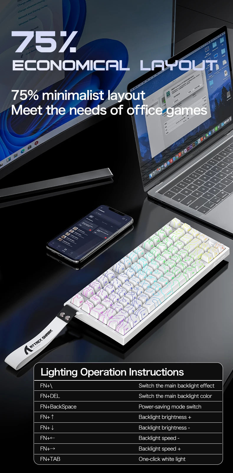ATTACK SHARK R82 HE Teclado Magnético com Fio 75% RGB 8000Hz Rapid Trigger Atuação de 0.005mm Teclado Gaming