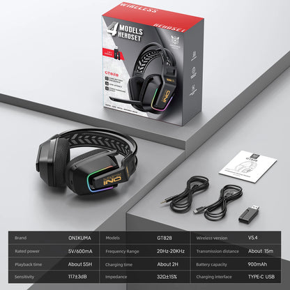 Cuffie da gaming wireless ONIKUMA GT828 Bluetooth 5.3 RGB con microfono, cancellazione del rumore e connessione a 4 modalità per PC, PS5 e laptop