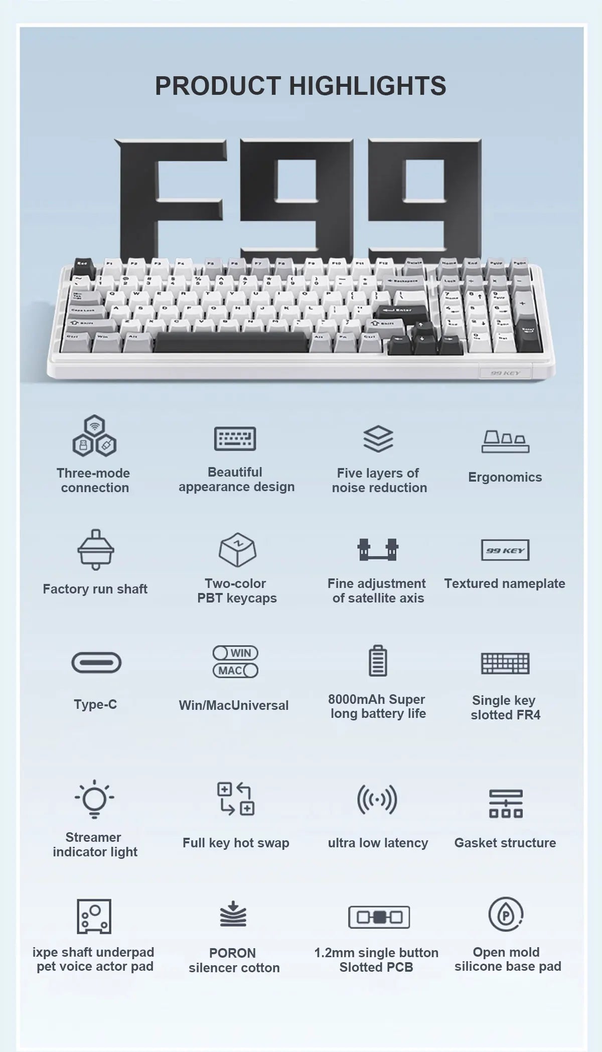 Teclado mecânico AULA F99 Bluetooth 5.0/2.4G sem fios/com fios, teclado gaming com montagem gasket, 99 teclas, personalizável