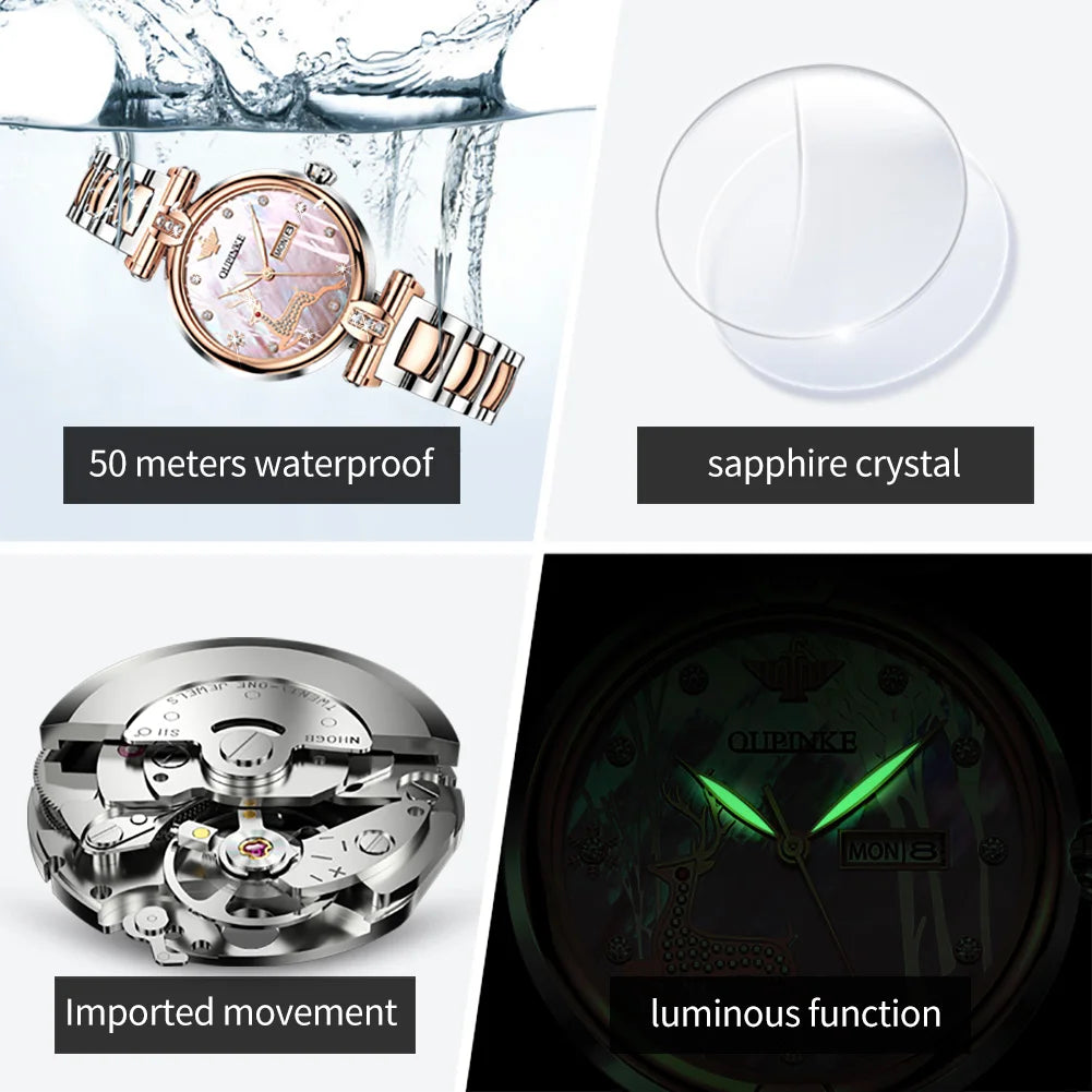 OUPINKE 3180 Watches For Woman Luxury Elegant Automatic Mechanical Watch Deer Dial Stainless Steel Week Date Watch Gift Box