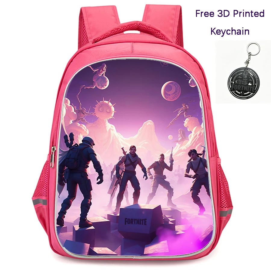 FORTNITE 16-inch Durable Lightweight Backpack, Dual Zipper Pockets, Cartoon Style for Boys & Girls Ages 6-10, Free 3D Printed Keychain