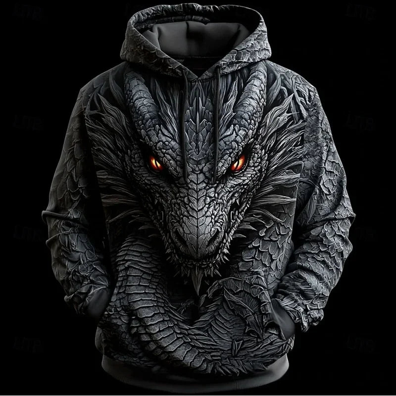 Herren-Hoodie mit Retro-Drachenmuster, 3D-Print, kreativem Design, langen Ärmeln, lässiger Pullover, modisch, cool, Oversize, atmungsaktive Kleidung