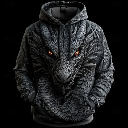 Herren-Hoodie mit Retro-Drachenmuster, 3D-Print, kreativem Design, langen Ärmeln, lässiger Pullover, modisch, cool, Oversize, atmungsaktive Kleidung