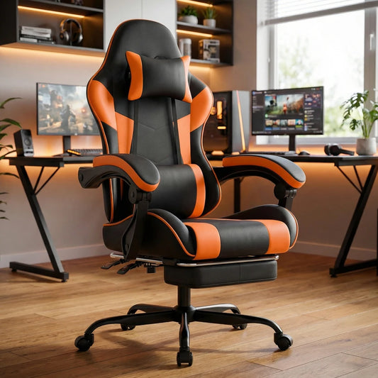 Ergonomic Gaming Chair with Lumbar Support, Adjustable PU Leather Computer Chair, Reclining Office Gaming Chair with Footrest, Black Orange