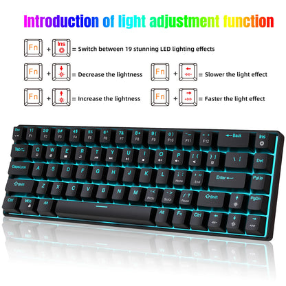 Teclado mecânico gaming 60% USB com teclas brancas, mini teclado gamer ergonómico para computador, retroiluminado, música, teclado para PC