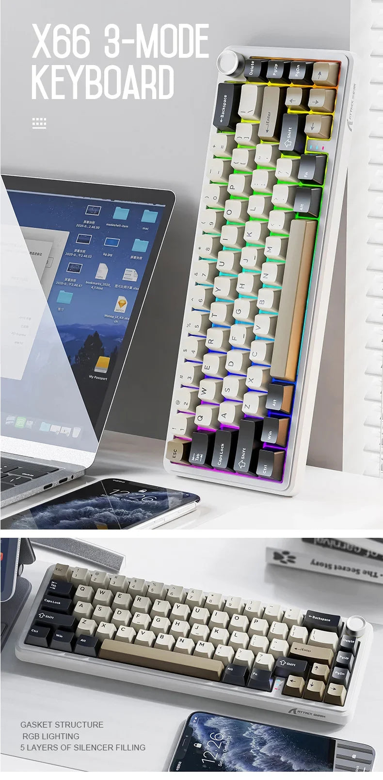 Attack Shark X66 Kabellose mechanische Tastatur 65% Kompaktlayout RGB-Hintergrundbeleuchtung Gasket Hot Swap Bluetooth USB-C PBT großer Akku