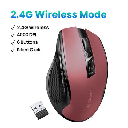 UGREEN kabellose Maus Bluetooth 5.0, ergonomische Maus 4000DPI mit 6 leisen Tasten, für MacBook, Tablet, Laptops, Computer, PC, 2.4G-Maus