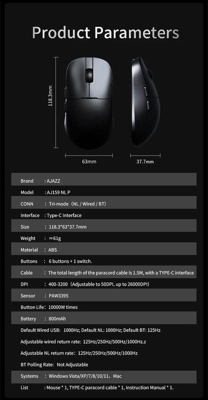 AJAZZ AJ159 NL trådlös mus 800mAh kompatibel med spel och kontor PAW3395 1K Nearlink BT trådlös mus laptop-present AJAZZ AJ1