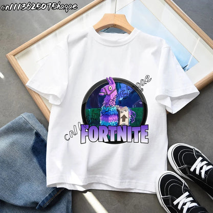 T-shirts Infantis Fortnite Novidade de Verão, T-shirt com Figura de Desenho Animado, Estampado Gráfico, Casual e Desportivo, Manga Curta, Tops Desportivos para Criança, Roupa para Rapazes