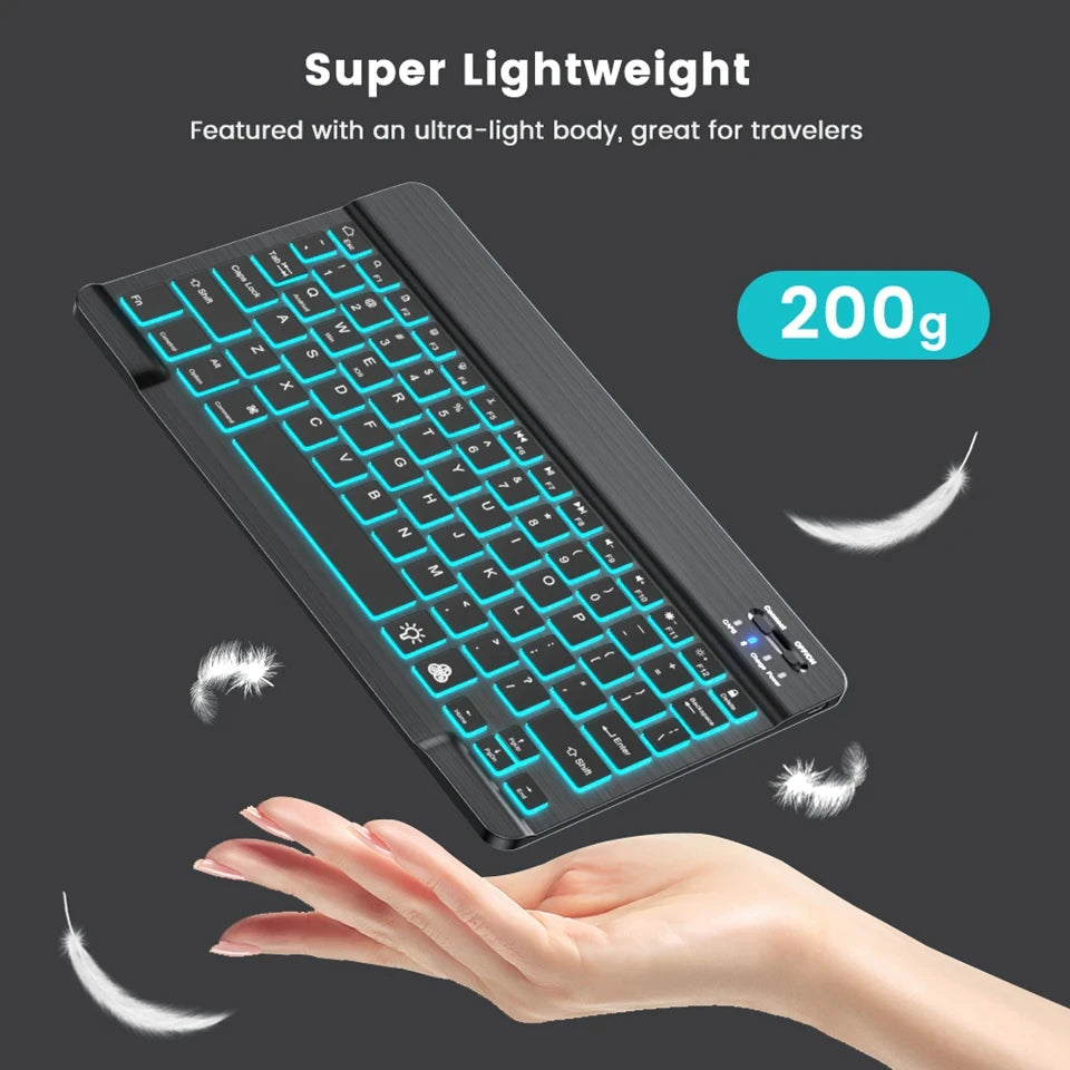 Mini teclado Bluetooth RGB retroiluminado de 10 polegadas com rato sem fios recarregável para espanhol, russo, hebraico, coreano, francês, árabe e português de Portugal