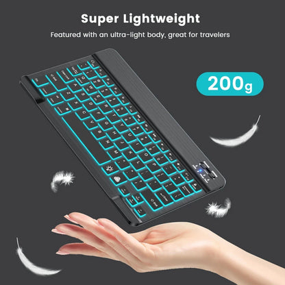 Mini teclado Bluetooth RGB retroiluminado de 10 polegadas com rato sem fios recarregável para espanhol, russo, hebraico, coreano, francês, árabe e português de Portugal