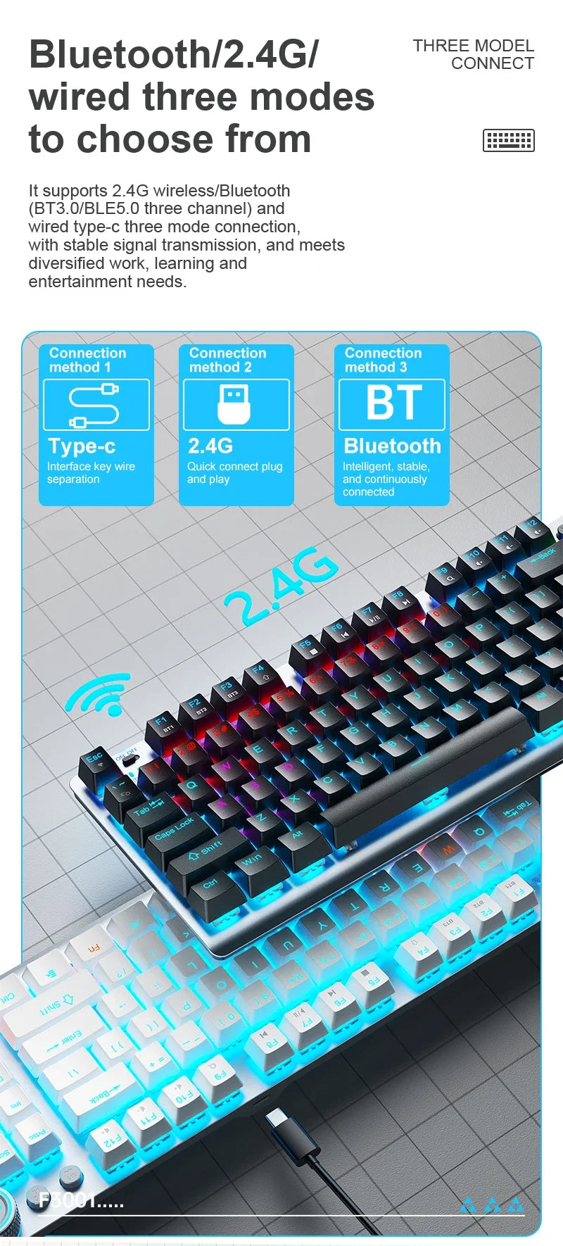 AULA F3001 Mechanical Keyboard Bluetooth Wireless Three Mode Metal Panel Two-color Injection Molding Cool Backlight Effect 87 Key