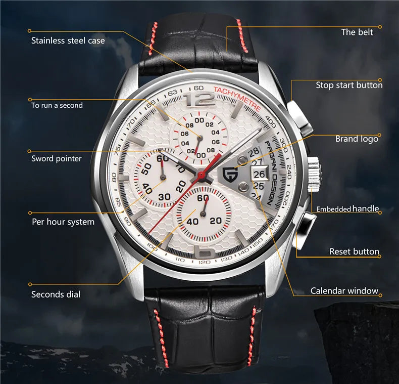 Orologio cronografo PAGANI DESIGN da uomo al quarzo multifunzione, stile militare da pilota