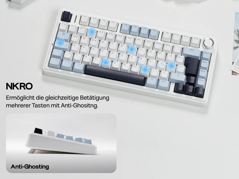 Teclado mecânico sem fios EPOMAKER x AULA F75 ISO-DE com conectividade tri-modo, layout alemão QWERTZ e bateria de 4000 mAh