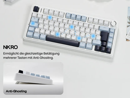 Teclado mecânico sem fios EPOMAKER x AULA F75 ISO-DE com conectividade tri-modo, layout alemão QWERTZ e bateria de 4000 mAh