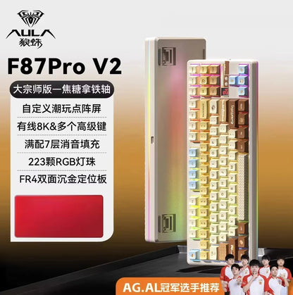 Teclado mecánico AULA F87 Pro V2 inalámbrico de 3 modos, batería de larga duración de 12000mAh, hot-swap, RGB Customi, teclado e-sports para gaming en PC