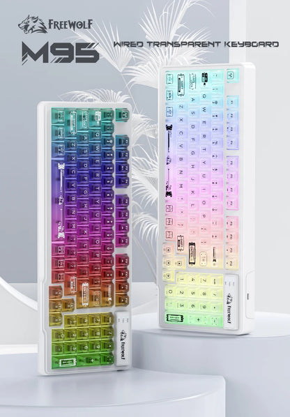 Teclado com fios FREEWOLF M95 com design transparente RGB, ideal para gaming, trabalho de escritório e vários outros cenários