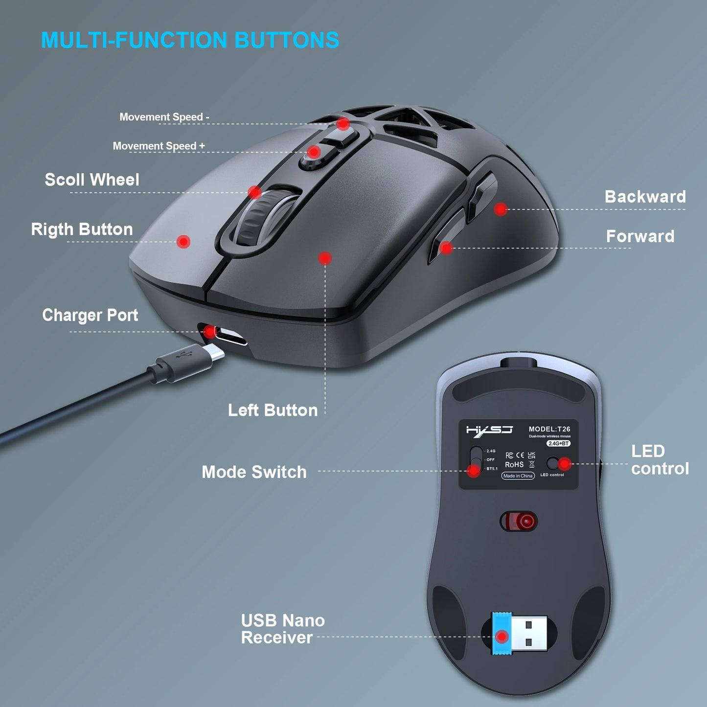 HXSJ T26 kétmódú gaming egér, 2.4G+BT5.1 vezeték nélküli gamer egér laptophoz, 4800DPI állítható, ergonomikus optikai számítógépes gamer egér