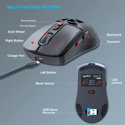 HXSJ T26 kétmódú gaming egér, 2.4G+BT5.1 vezeték nélküli gamer egér laptophoz, 4800DPI állítható, ergonomikus optikai számítógépes gamer egér