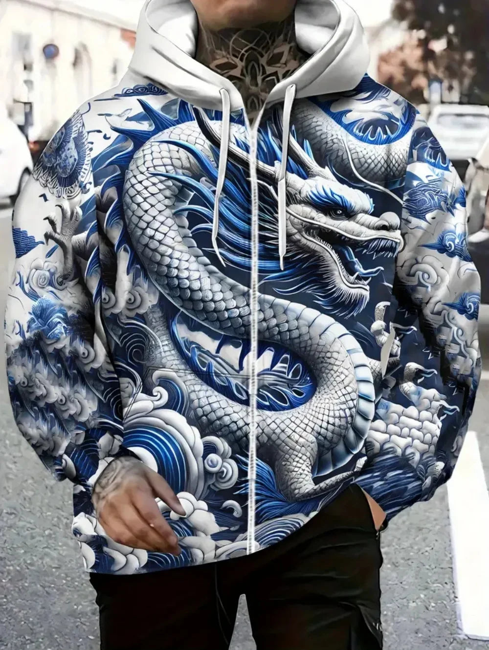Herren-Hoodie mit Drachenprint und Reißverschluss, Kordelzug, langen Ärmeln, Oversize-Passform, für Outdoor-Aktivitäten und Reisen, Herbst/Winter