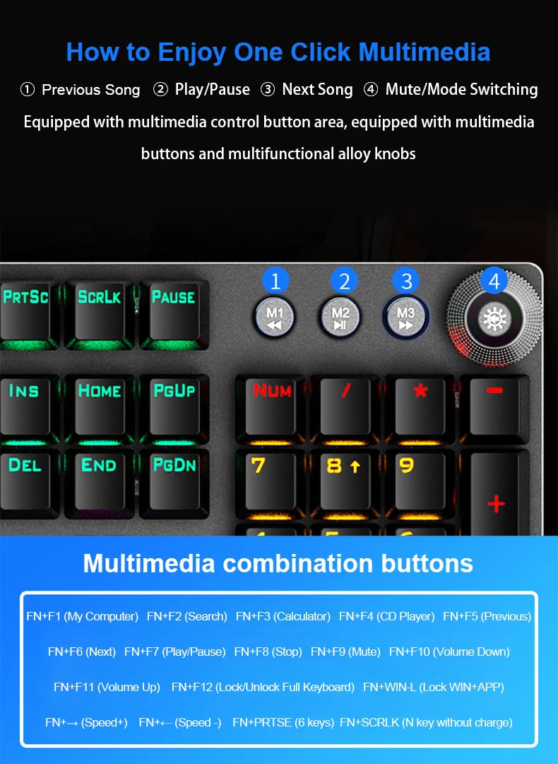 Teclado Mecânico AULA F2088 com Fio para Gaming, Botão Multifuncional, 104 Teclas, Retroiluminação Magic e Programação de Macros para Computador