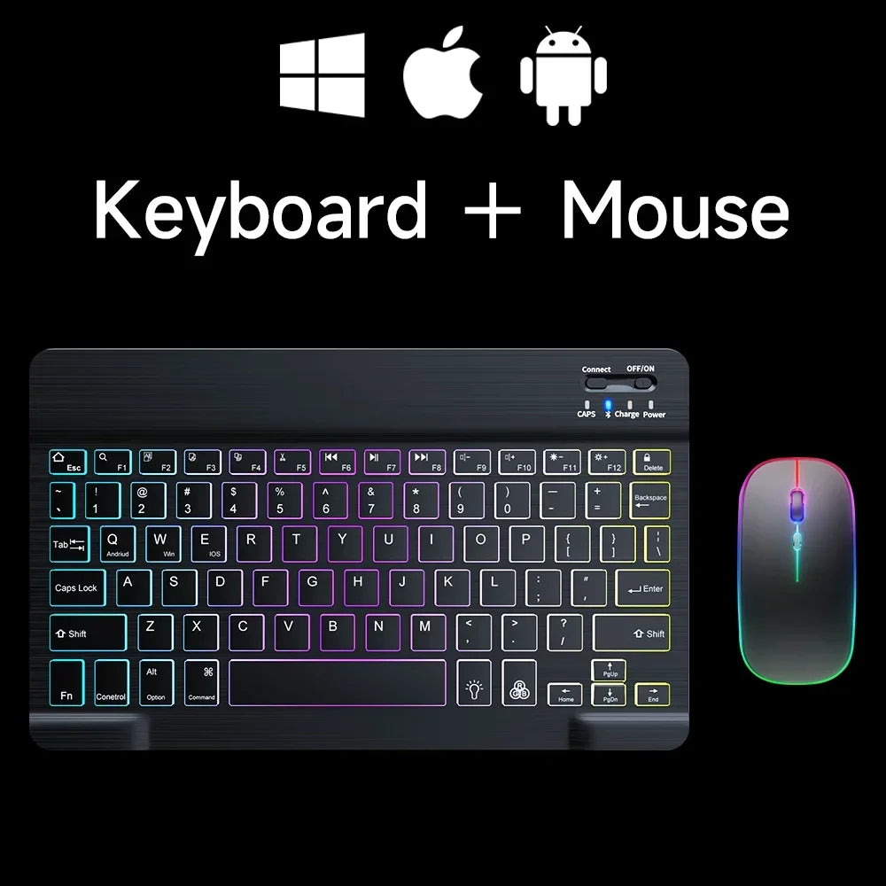 Mini teclado Bluetooth RGB retroiluminado de 10 polegadas com rato sem fios recarregável para espanhol, russo, hebraico, coreano, francês, árabe e português de Portugal