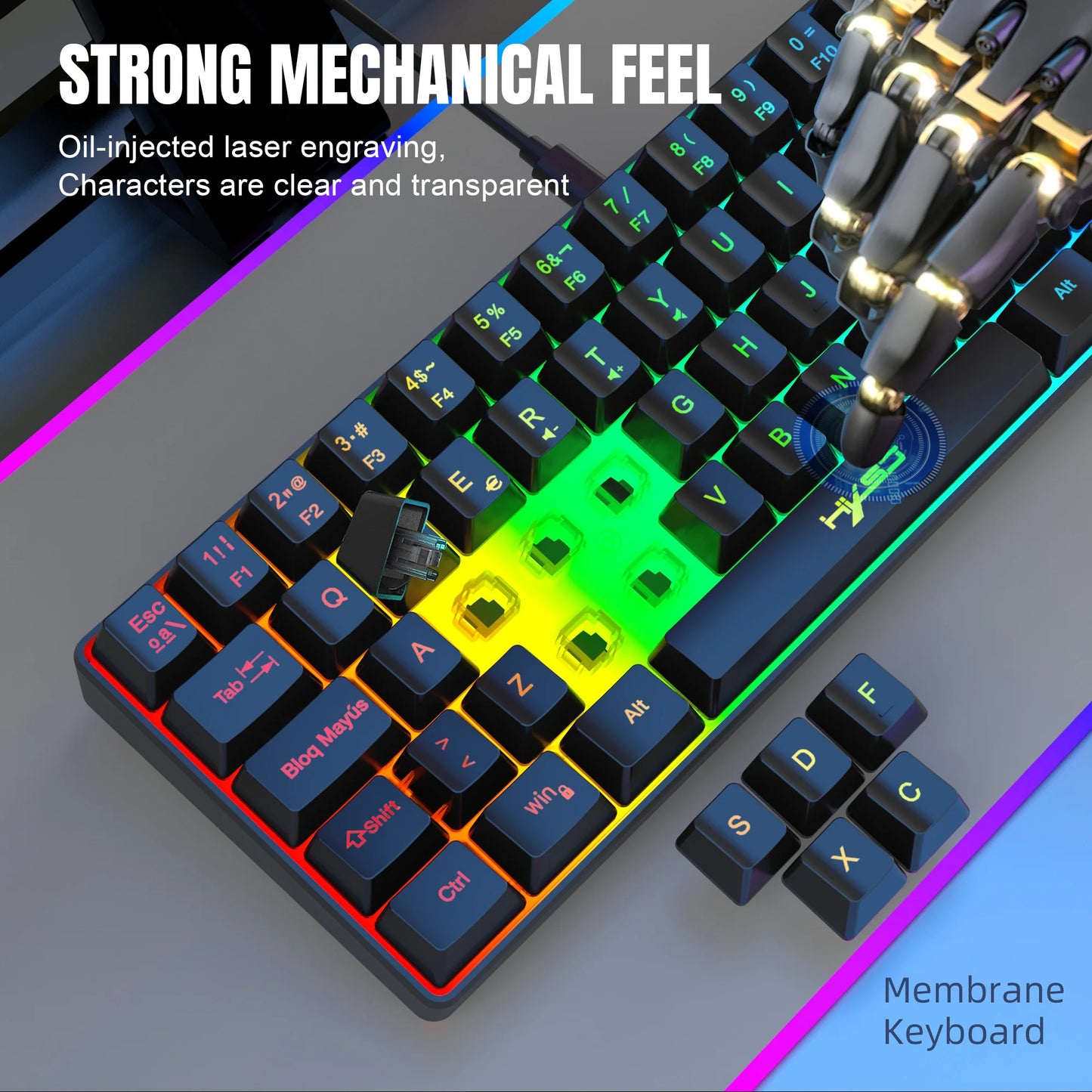 Hot Sale! Spanische kabelgebundene Gaming-Tastatur mit 69 Tasten und RGB-Hintergrundbeleuchtung, kompaktes 68%-Design, ein unverzichtbares Gadget für Büroangestellte und Gamer