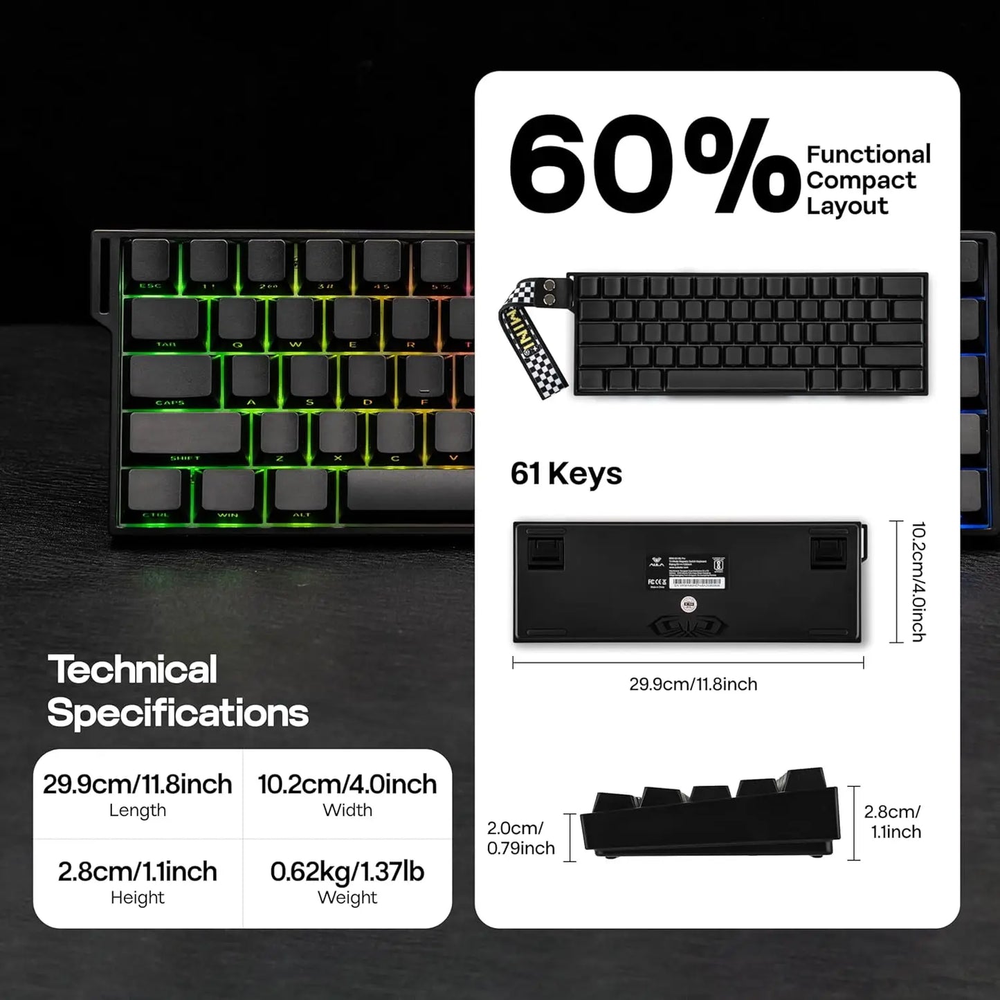 AULA Mini60 HE/Pro/Max Teclado Mecânico 60% com Switches Magnéticos RGB Tri Mode Sem Fios 8000Hz 0.01mmRT para PC Gamer Presentes