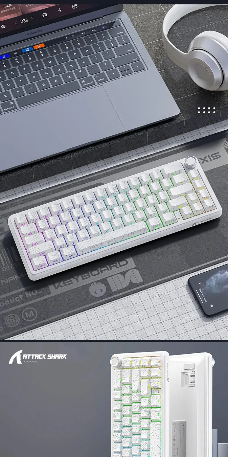 Teclados Gaming Sem Fios Attack Shark X65 PRO HE com Switches Magnéticos 8K RT0.001mm, Gravação Lateral, Bluetooth, Windows Mac PC