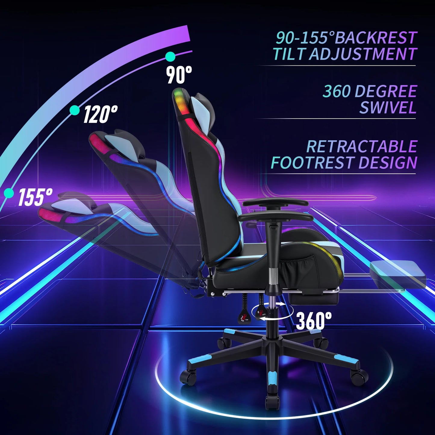 250Lbs Load LED Gaming Chair for Children 8-15Years, Adjustable Gamer Chair with LED Lighting, Footrest & Lumbar Support