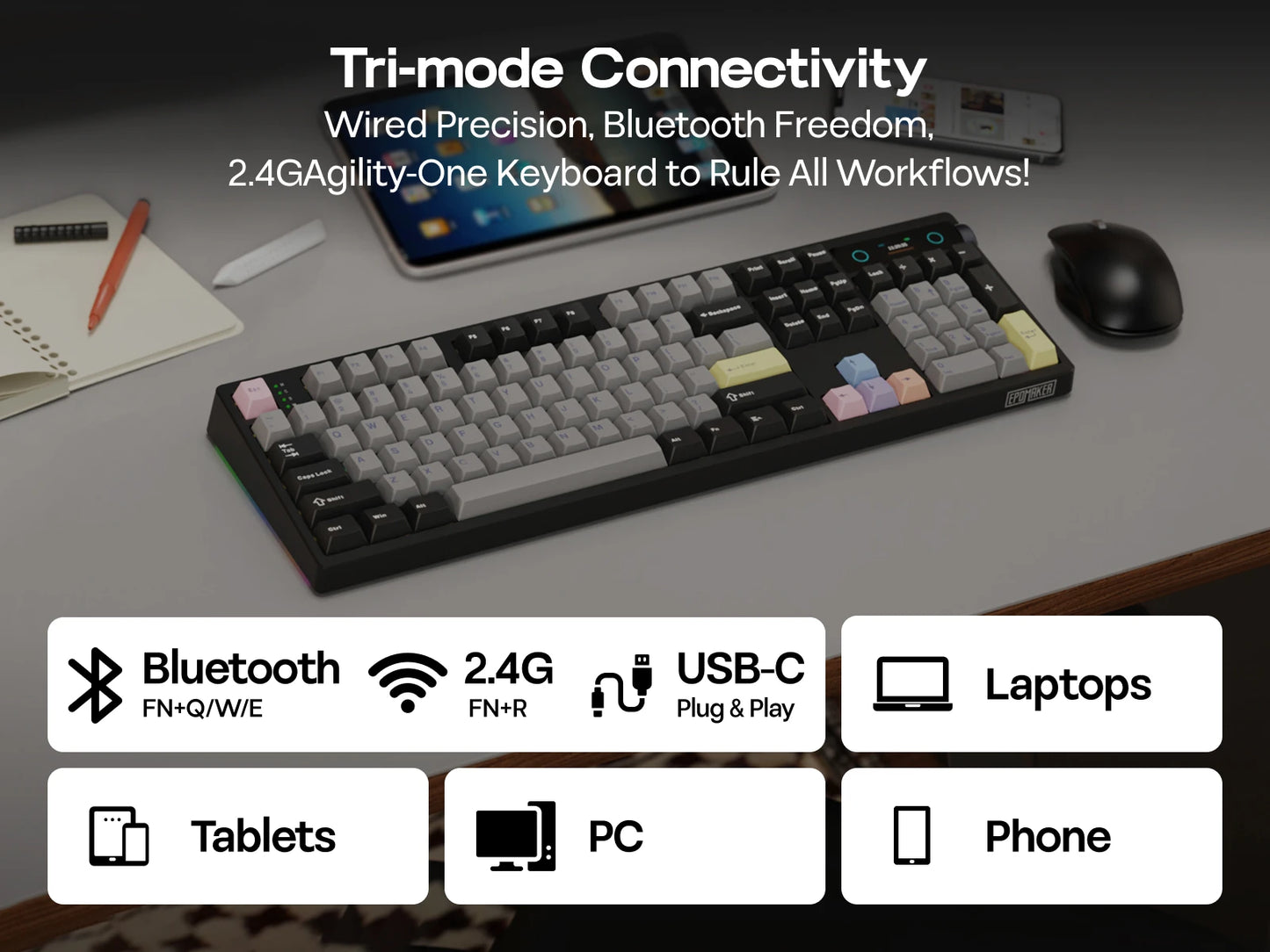 Teclado Mecânico EPOMAKER TH108 PRO 100% Full-Size Hot-Swap com Fio/BT/2.4Ghz sem Fios, Ecrã, Botão Rotativo e Bateria de 10000mAh