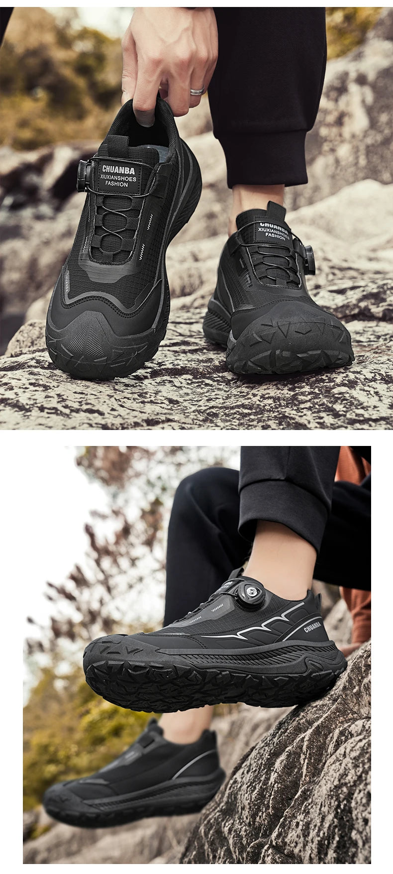 Rotary Buckle Men's Trekking Sneakers Outdoor Platform Hiking Shoes Men Sports Shoes Comfortable Non-slip Climbing Walking Shoes