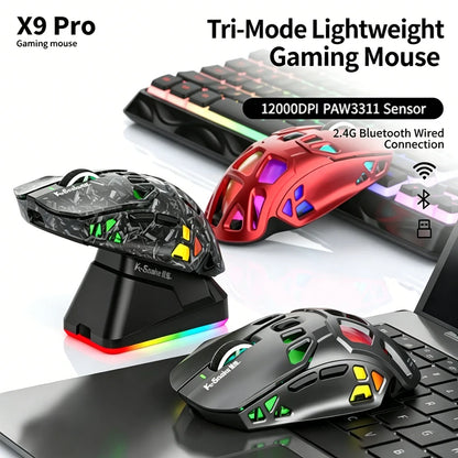 Mouse da gaming leggero Lenovo Tri-Mode con dock di ricarica RGB 12000DPI 2.4G/Bluetooth/cablato mouse ergonomico per PC laptop
