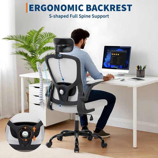 Ergonomic High Back Mesh Office Chair with Adjustable Headrest, Lumbar Support, 2D Armrests, Reclining Swivel Desk Chair for Home Office