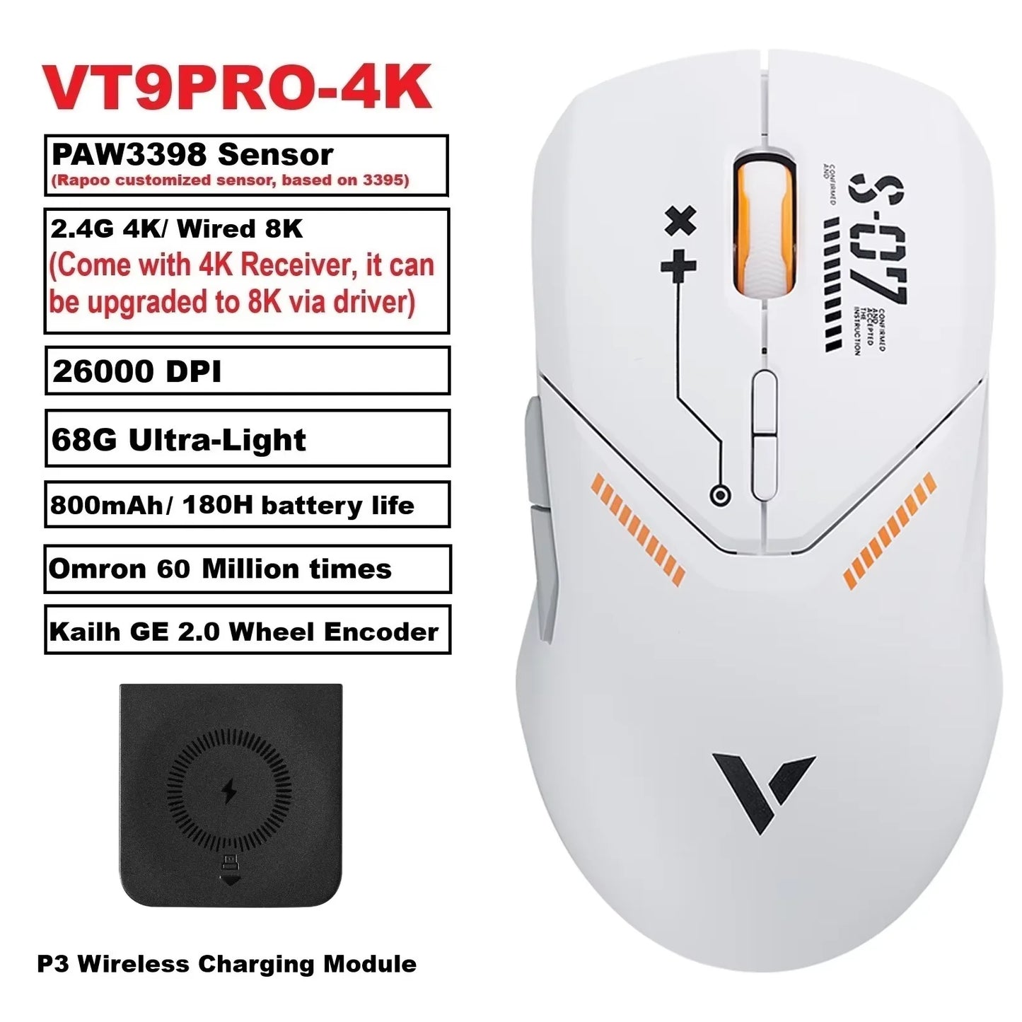 Rapoo VT9PRO PAW3398 Wireless Gaming Mouse 68g Wired Programmable Ergonomic Mice 26000DPI Type C Rechargeable PC Gamer Accessory